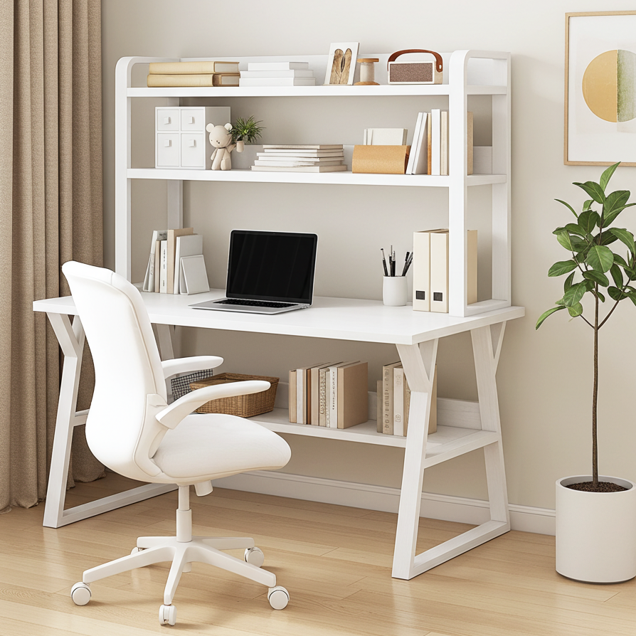 Aspire Large Industrial Office Computer Desk Workstation with Bookshelf (White)