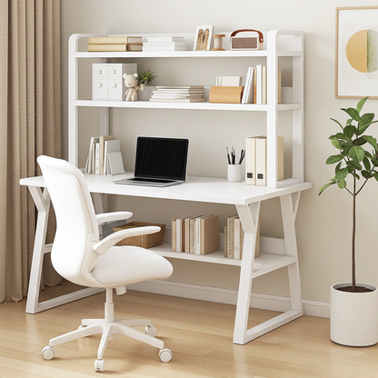 Aspire Large Industrial Office Computer Desk Workstation with Bookshelf (White)