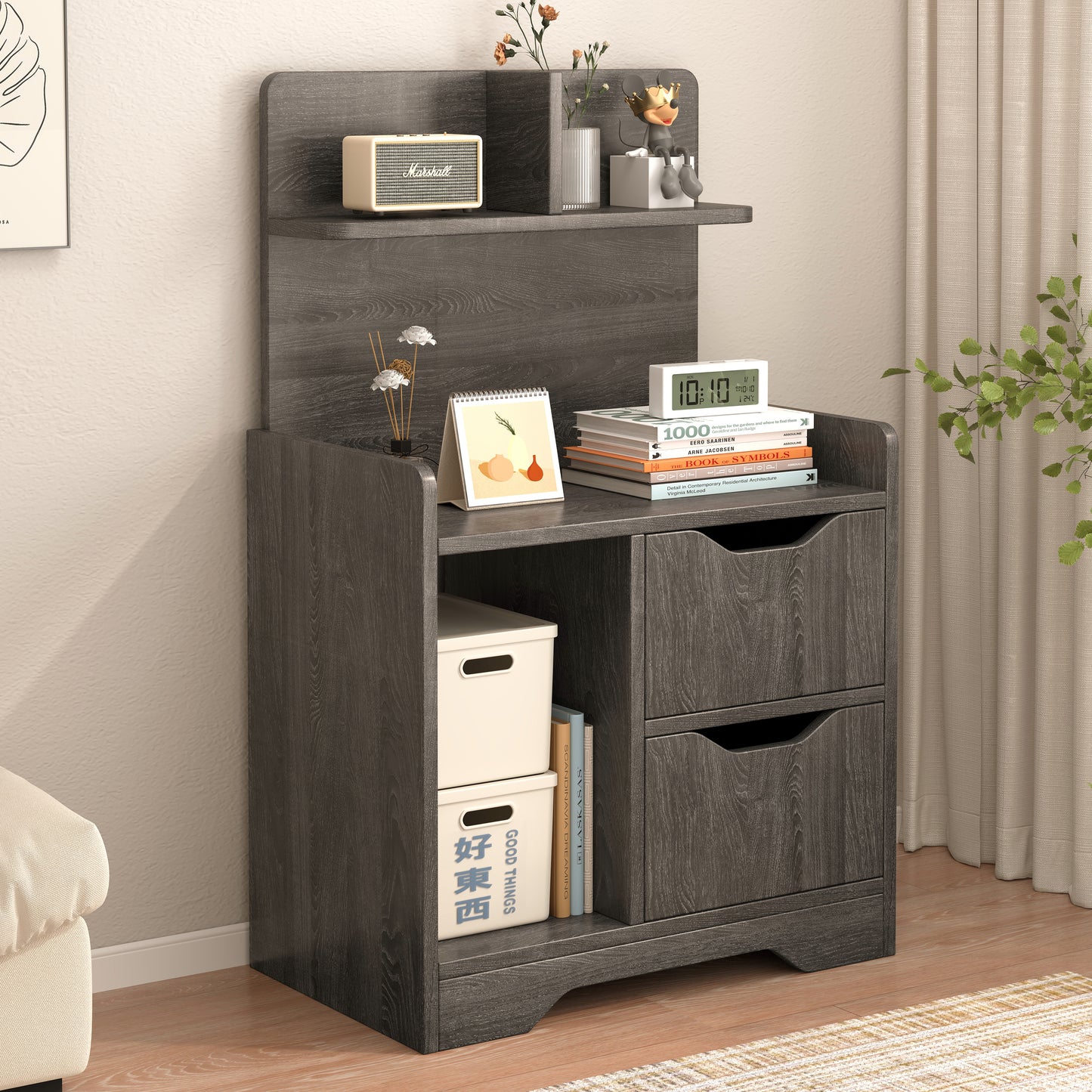 Harmony Tall Bed Side Table with Chest of Drawers and Shelf (Driftwood Grey)