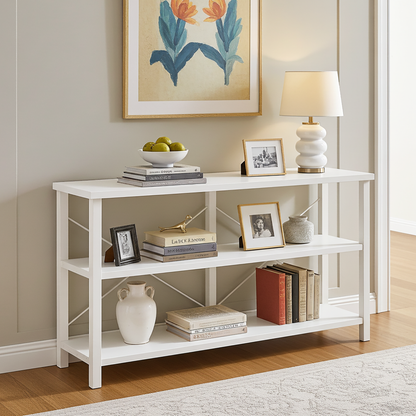 Serenity Industrial Console Table Bookcase TV Stand Storage Shelf Unit (White)