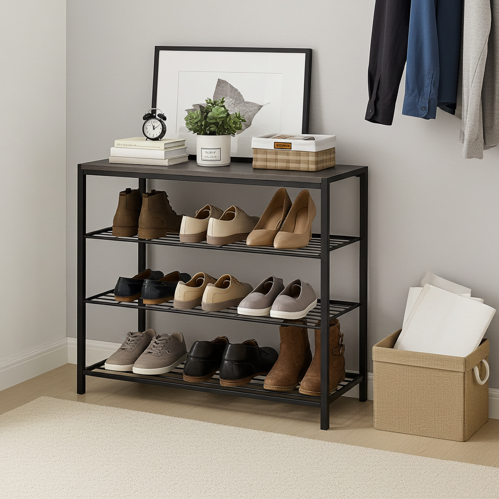 Vita 4-Tier Wood & Metal Shoe Rack Storage Shelf Organiser (Driftwood Grey)