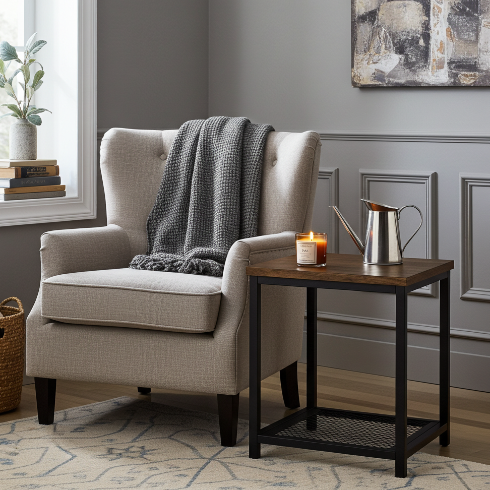 Loft Rustic Industrial Wood & Steel Side Table with Storage Shelf