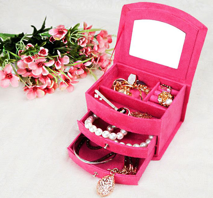 Deluxe Velvet Jewelry Box 3 Level Organiser & Drawers Hot Pink - Dshop.com.au