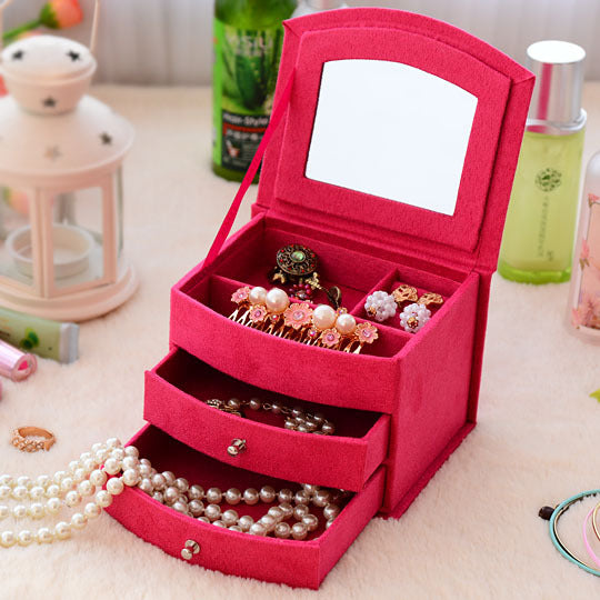 Deluxe Velvet Jewelry Box 3 Level Organiser & Drawers Hot Pink - Dshop.com.au