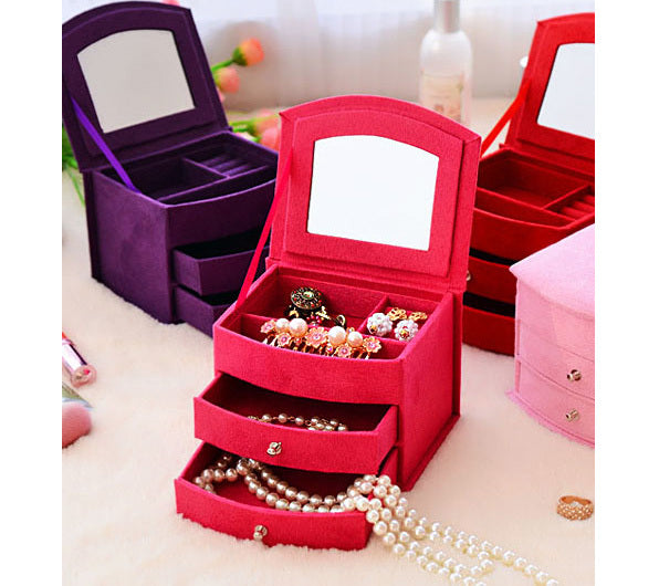 Deluxe Velvet Jewelry Box 3 Level Organiser & Drawers Hot Pink - Dshop.com.au