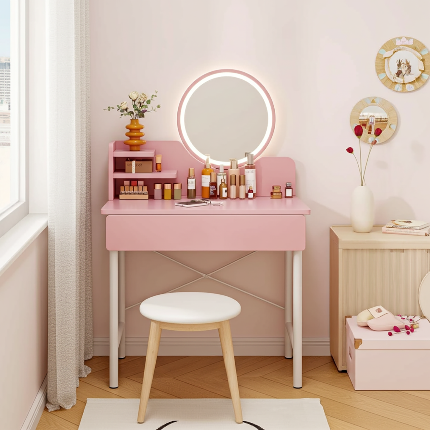 LED Mirror Makeup Vanity Dressing Table Pink Desk with Drawer Storage