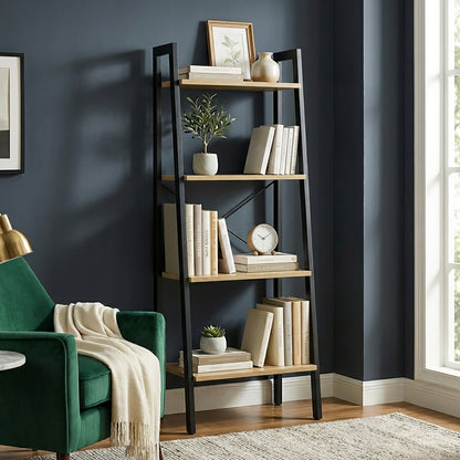 Elevate Rustic Oak 4-Tier Ladder Shelf Wood & Metal Bookcase Storage Organizer