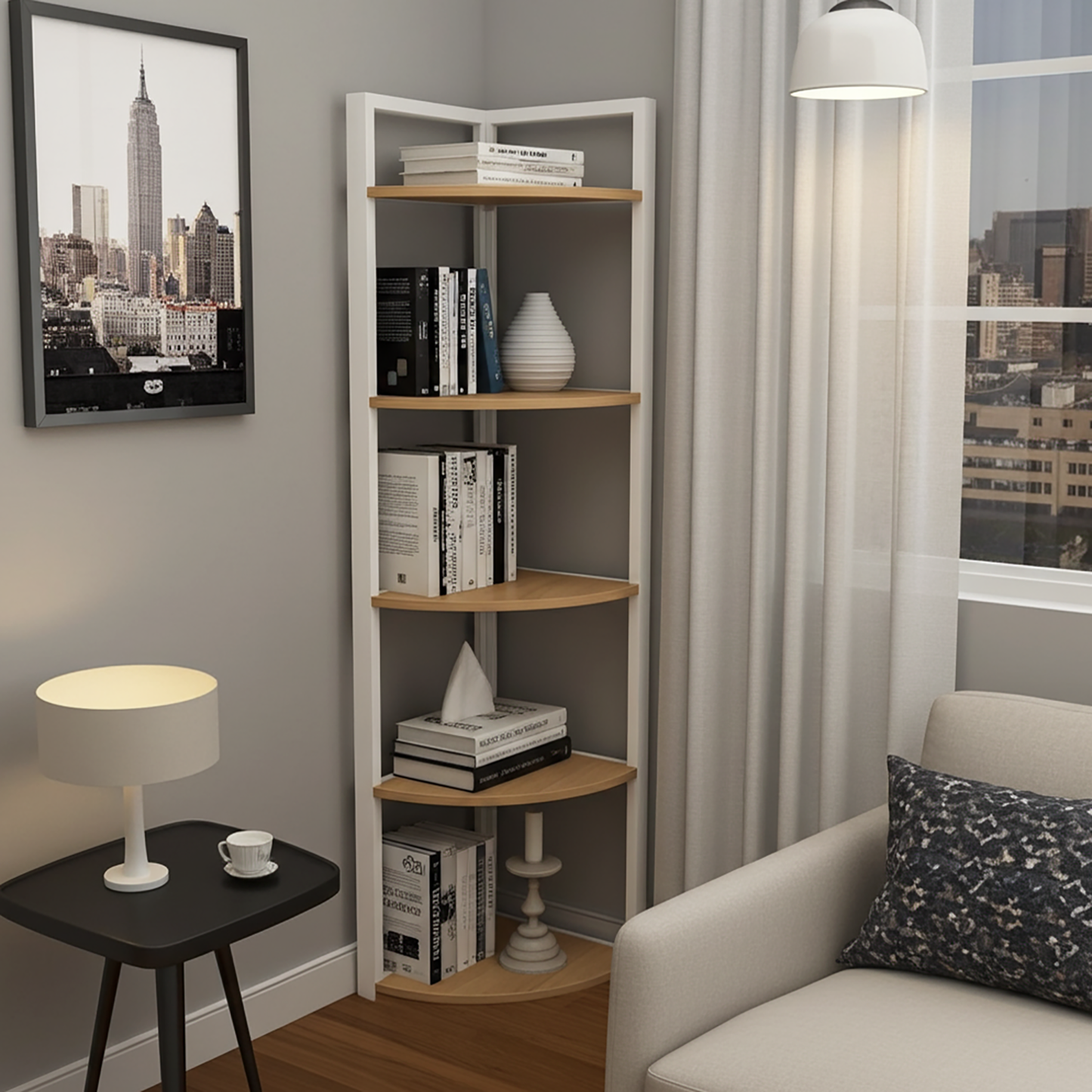 Optima 5 Tier Wood & Steel Corner Shelf Organizer Unit (Rustic Oak & White)