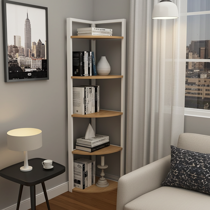 Optima 5 Tier Wood & Steel Corner Shelf Organizer Unit (Rustic Oak & White)