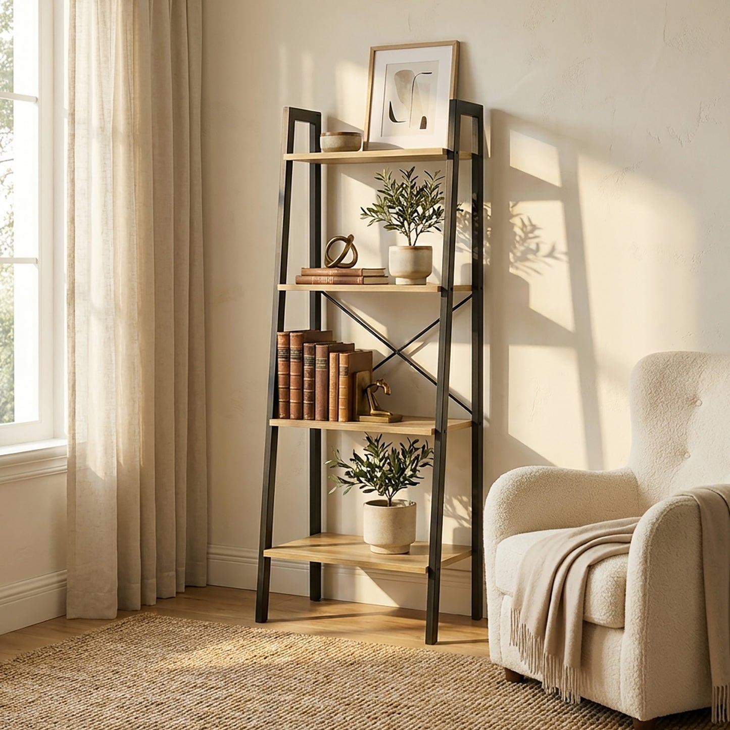 Elevate Rustic Oak 4-Tier Ladder Shelf Wood & Metal Bookcase Storage Organizer