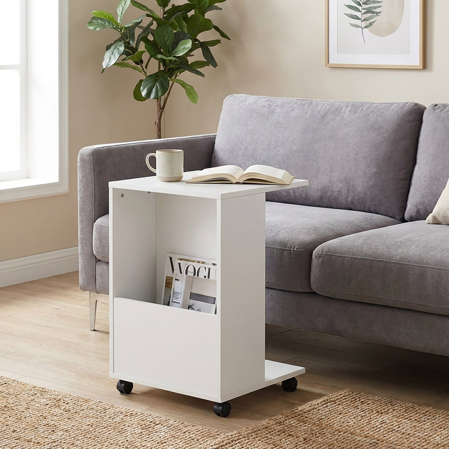 Hermes Sofa Side Table with Magazine Holder (White)