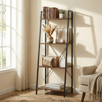 Elevate Rustic Wood & Metal 4-Tier Ladder Shelf Bookcase Storage Organizer