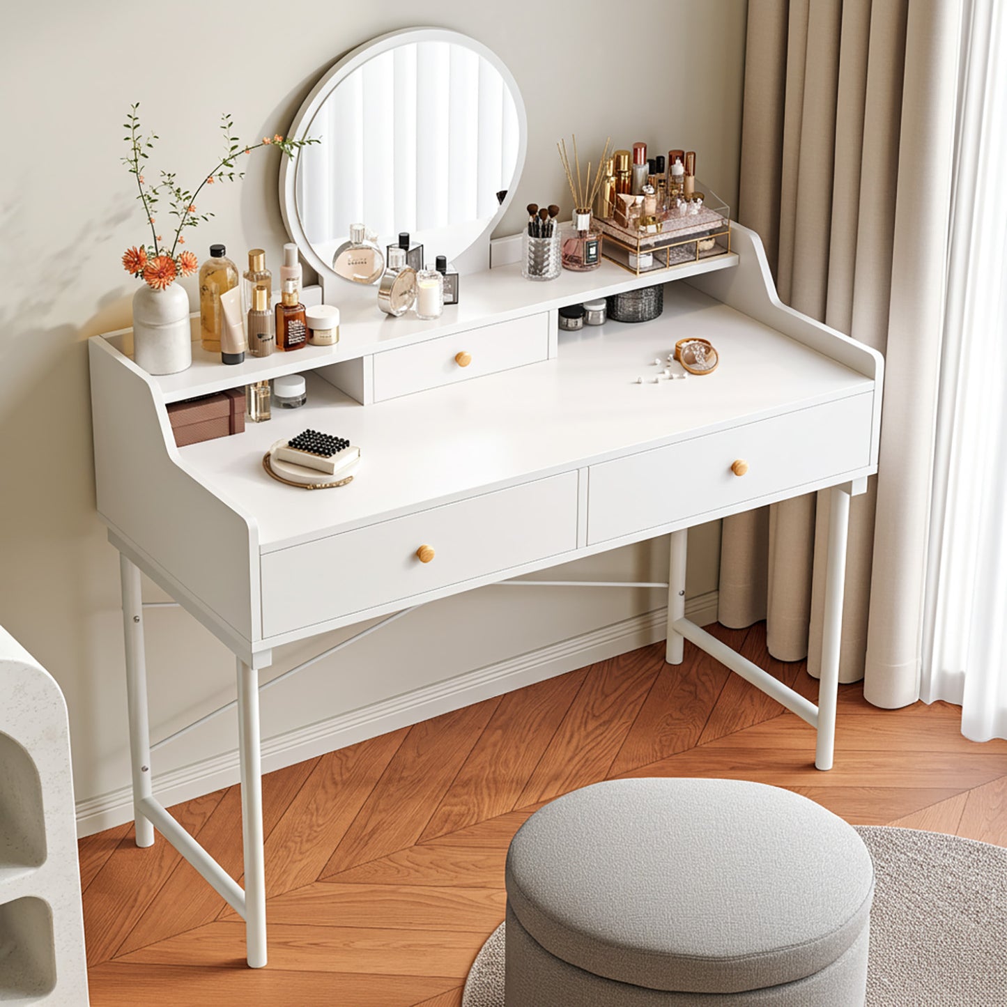 Royale Vanity Dressing Table with Round Mirror and Drawers White