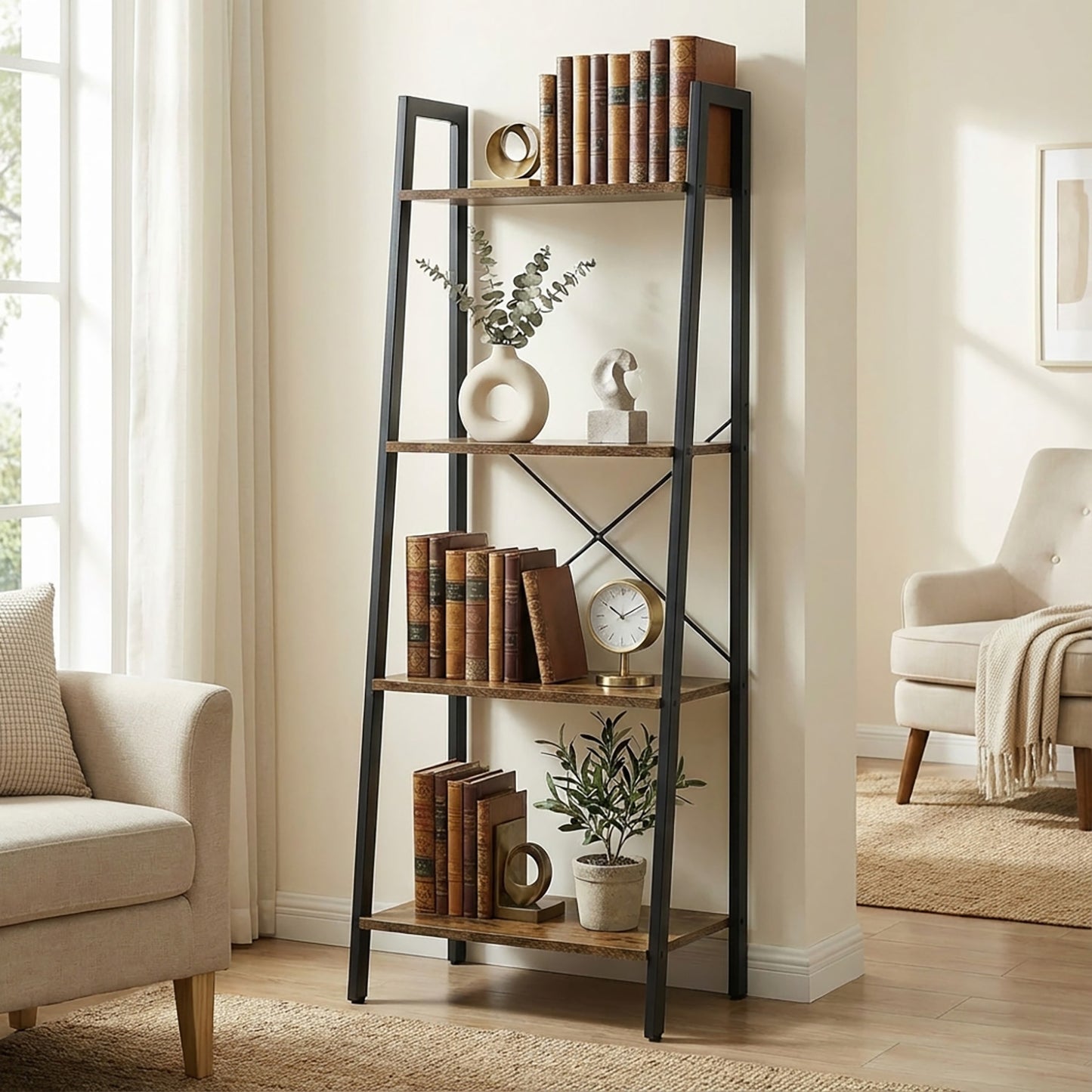 Elevate Rustic Wood & Metal 4-Tier Ladder Shelf Bookcase Storage Organizer