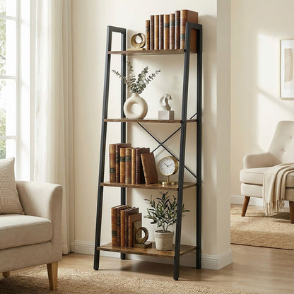 Elevate Rustic Wood & Metal 4-Tier Ladder Shelf Bookcase Storage Organizer