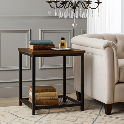 Loft Rustic Industrial Wood & Steel Side Table with Storage Shelf