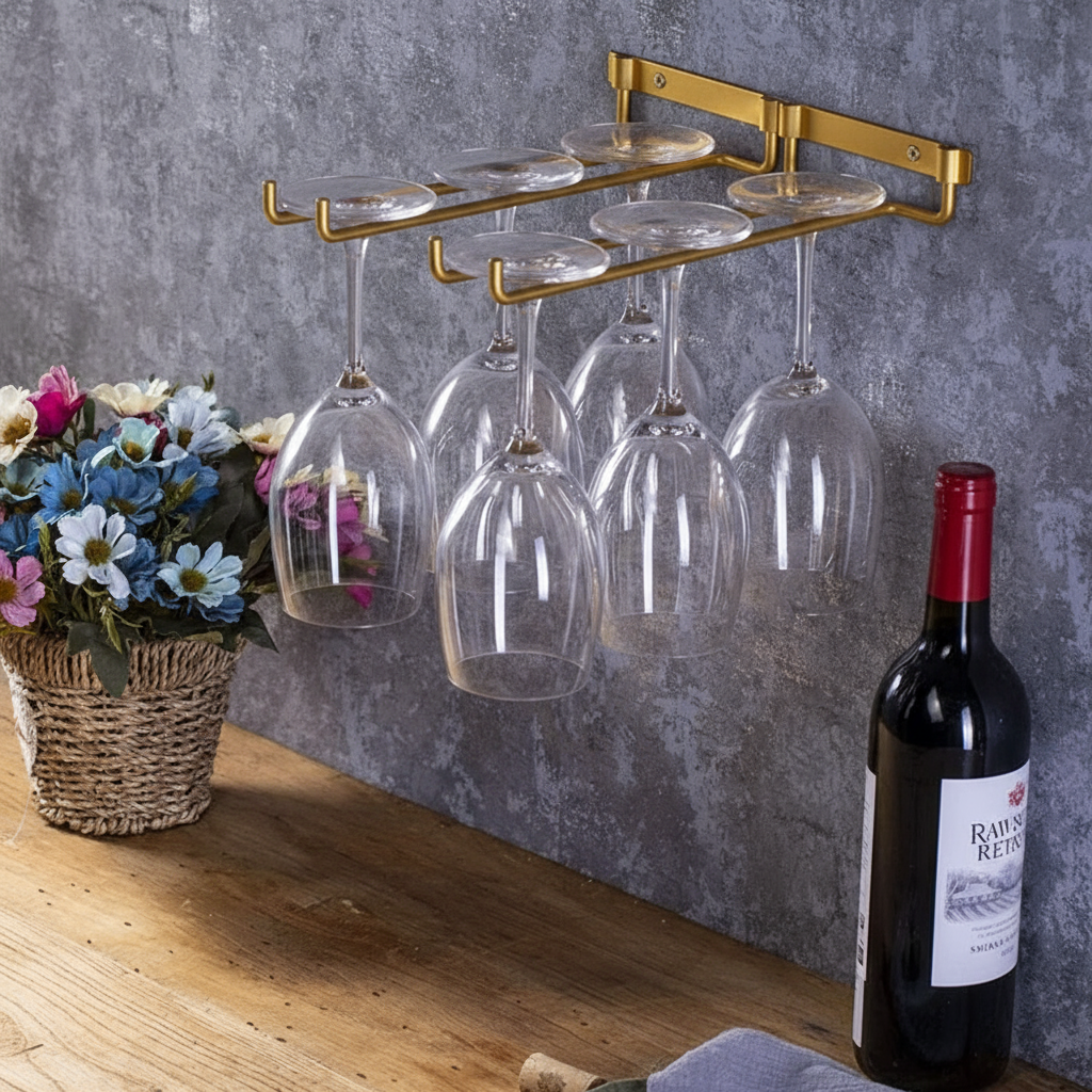 2 x Wine Glass Hanger Rack Under Cabinet Kitchen Bar Stemware Metal Storage Organizer (Gold)