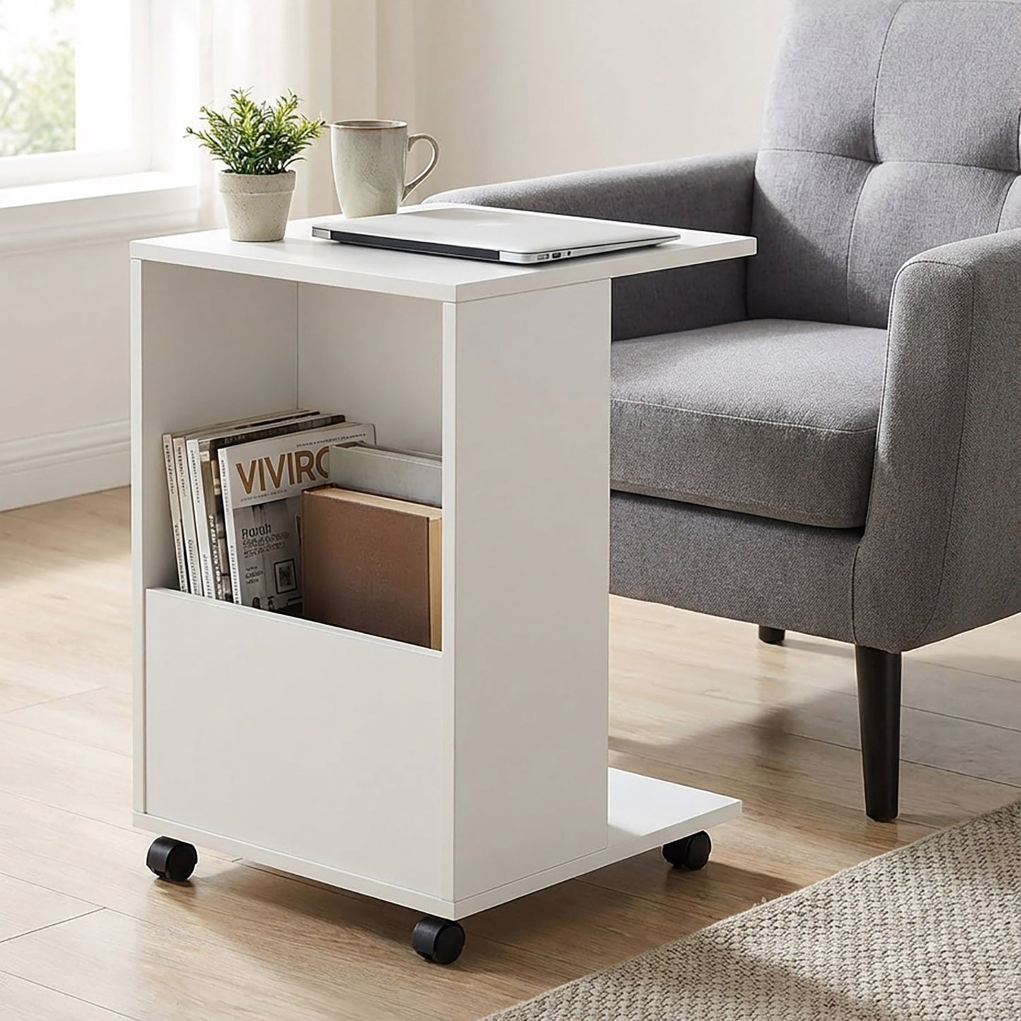 Hermes Sofa Side Table with Magazine Holder (White)