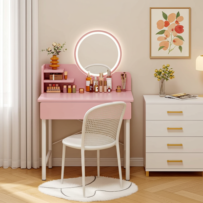 LED Mirror Makeup Vanity Dressing Table Pink Desk with Drawer Storage