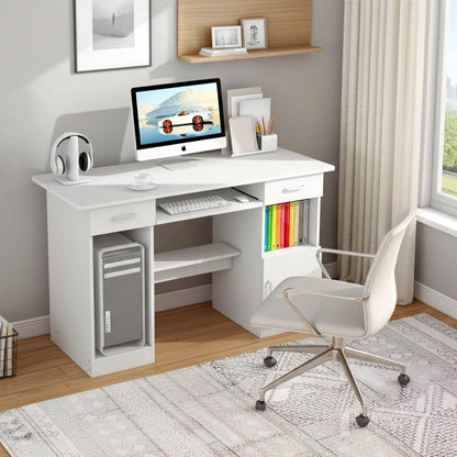 Executive Office Computer Desk with Drawers, Cabinet, Shelves (White)