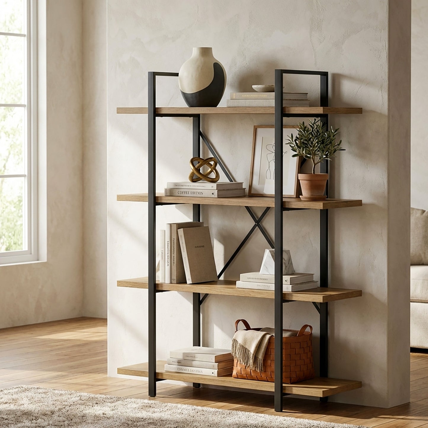 Envision Rustic Oak 4-Tier Bookcase Storage Shelf Organizer