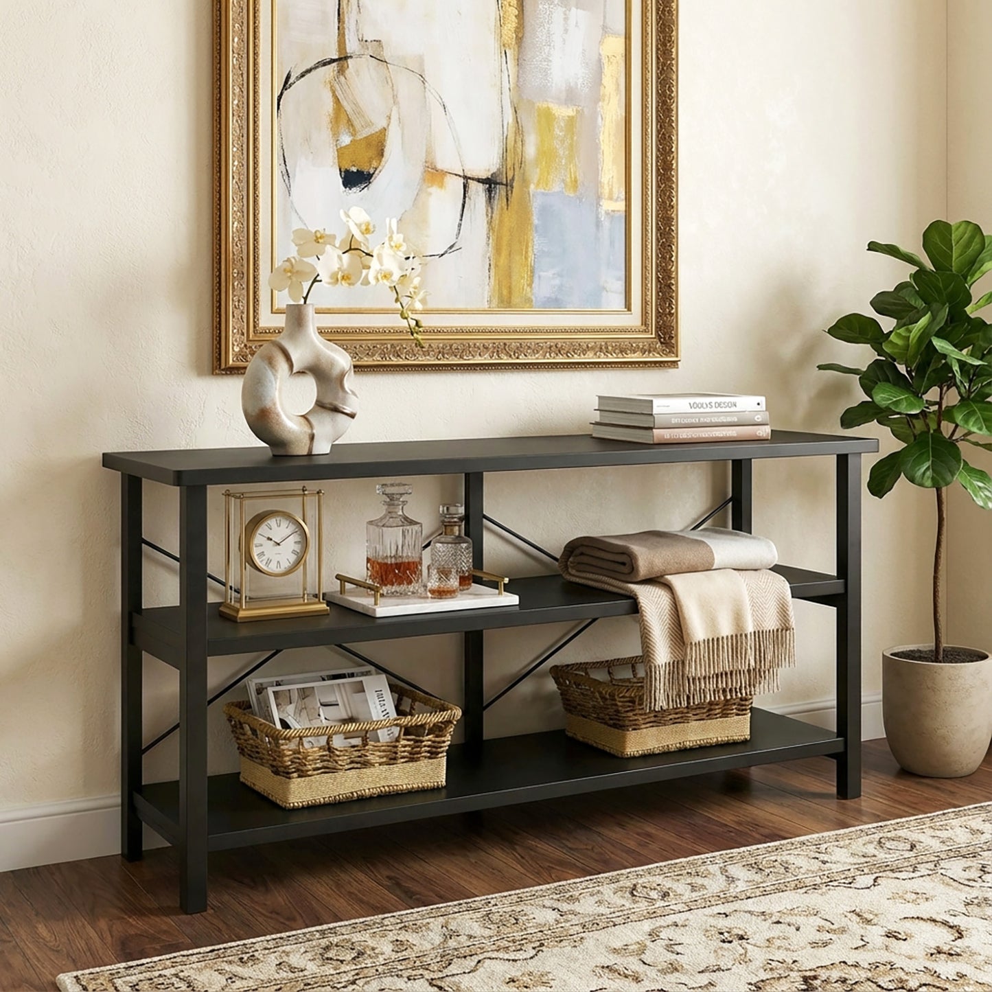 Serenity Industrial Console Table Bookcase TV Stand Storage Shelf Unit (Black)