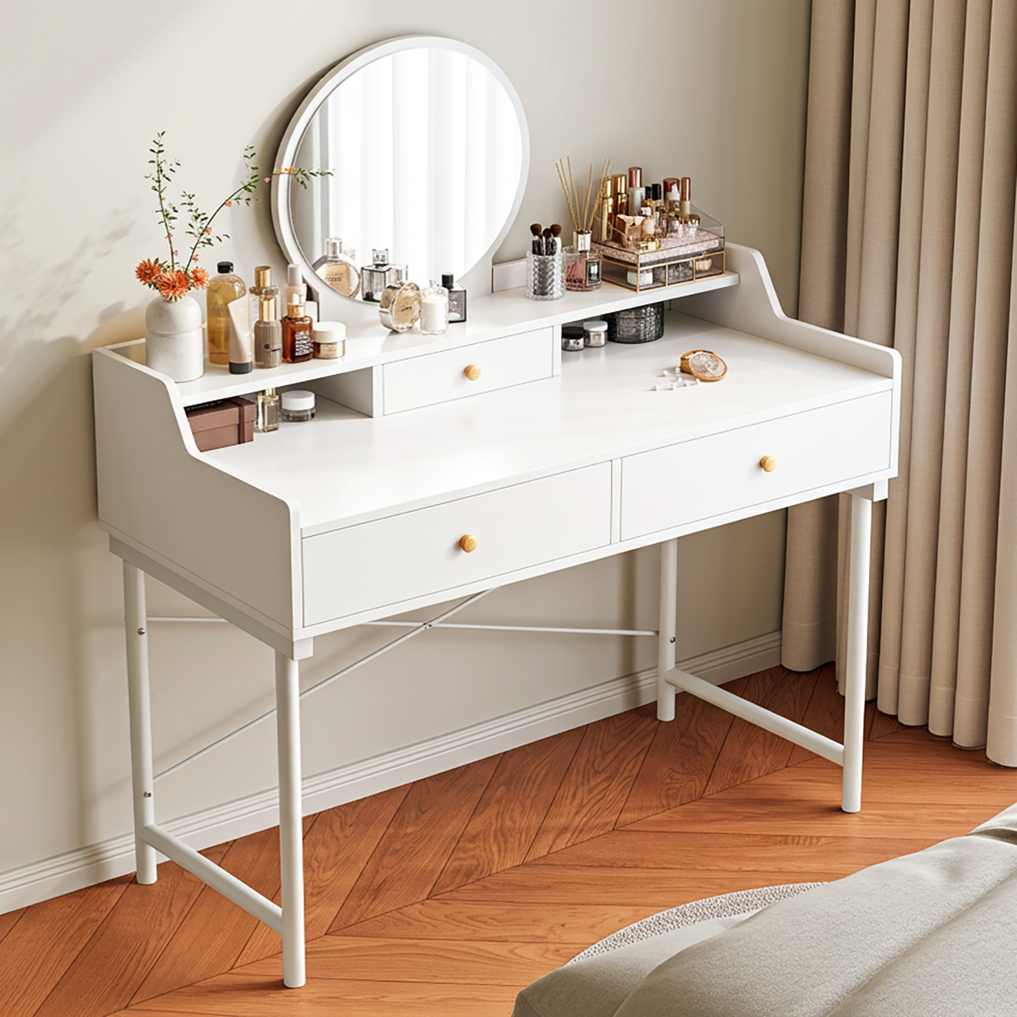Grande Makeup Vanity Dressing Table with Round Mirror and Drawers White