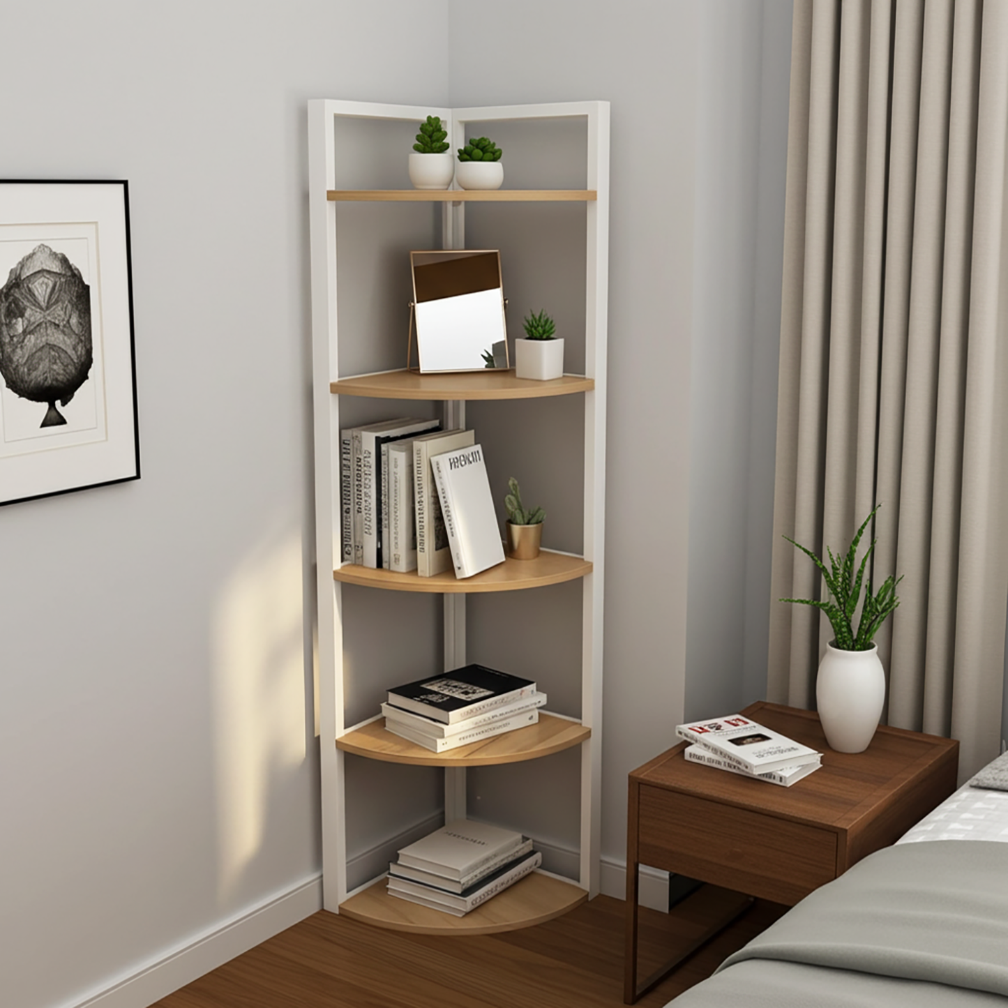 Optima 5 Tier Wood & Steel Corner Shelf Organizer Unit (Rustic Oak & White)