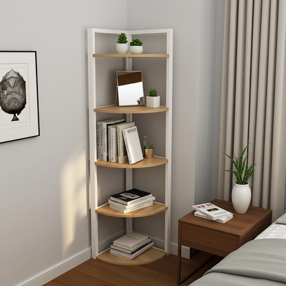 Optima 5 Tier Wood & Steel Corner Shelf Organizer Unit (Rustic Oak & White)