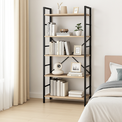 5 Tier Multifunction Heavy Duty Bookcase Wood & Steel Storage Shelf Organizer (Coastal Oak)
