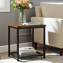 Loft Rustic Industrial Wood & Steel Side Table with Storage Shelf