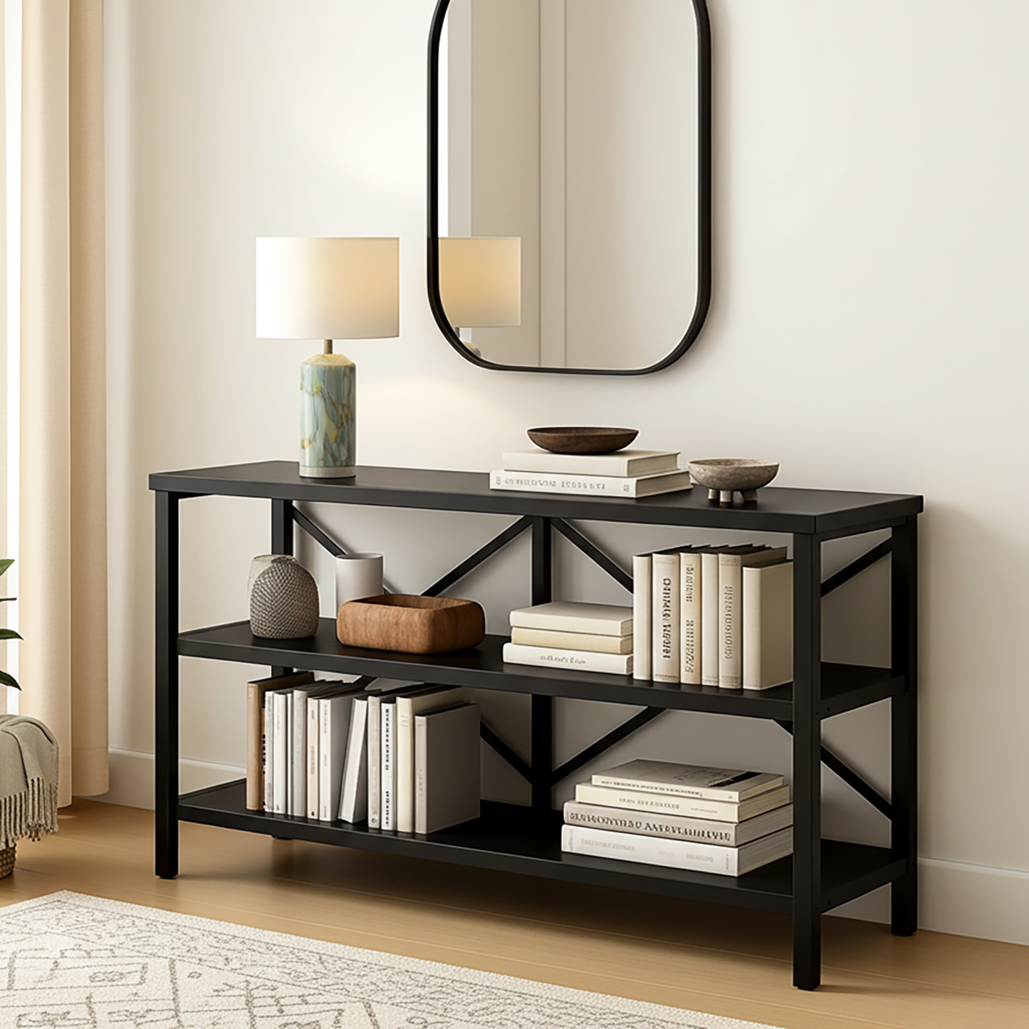 Serenity Industrial Console Table Bookcase TV Stand Storage Shelf Unit (Black)