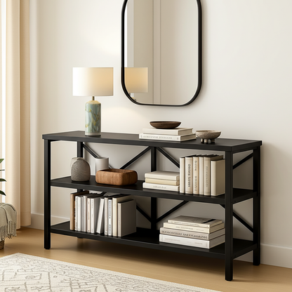 Serenity Industrial Console Table Bookcase TV Stand Storage Shelf Unit (Black)