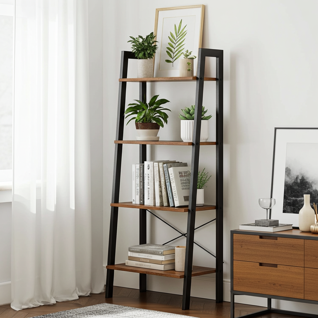 Elevate Rustic Wood & Metal 4-Tier Ladder Shelf Bookcase Storage Organizer