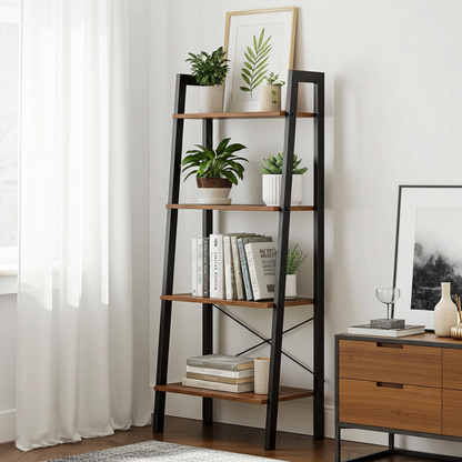 Elevate Rustic Wood & Metal 4-Tier Ladder Shelf Bookcase Storage Organizer