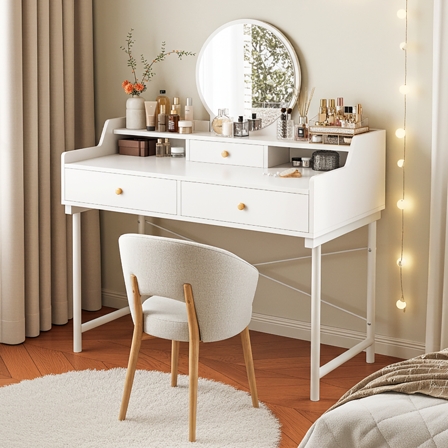 Grande Makeup Vanity Dressing Table with Round Mirror and Drawers White