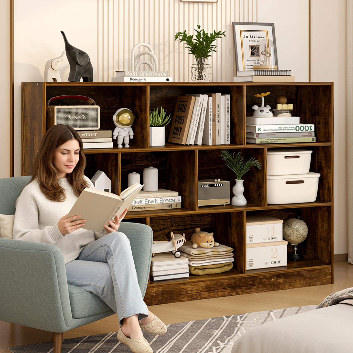 9 Shelving Insight Bookshelf Display Cabinet Bookcase Shelf Organiser (Rustic Wood)