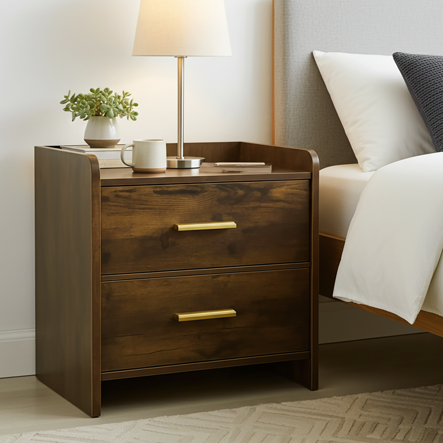 Serene 2-Drawer Bedside Table Nightstand (Rustic Wood)