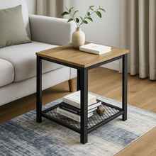 Loft Rustic Oak Industrial Wood & Steel Side Table with Storage Shelf
