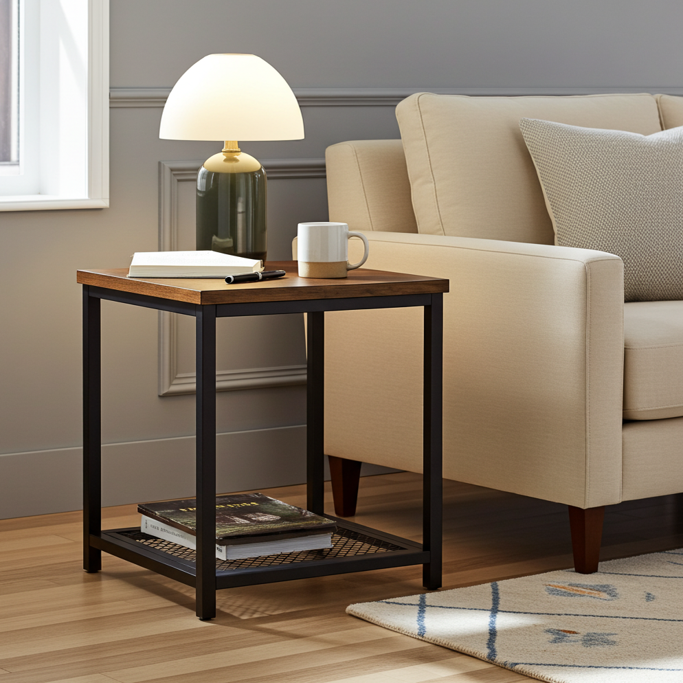 Loft Rustic Industrial Wood & Steel Side Table with Storage Shelf