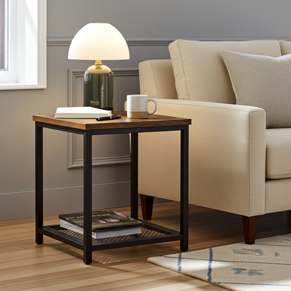 Loft Rustic Industrial Wood & Steel Side Table with Storage Shelf