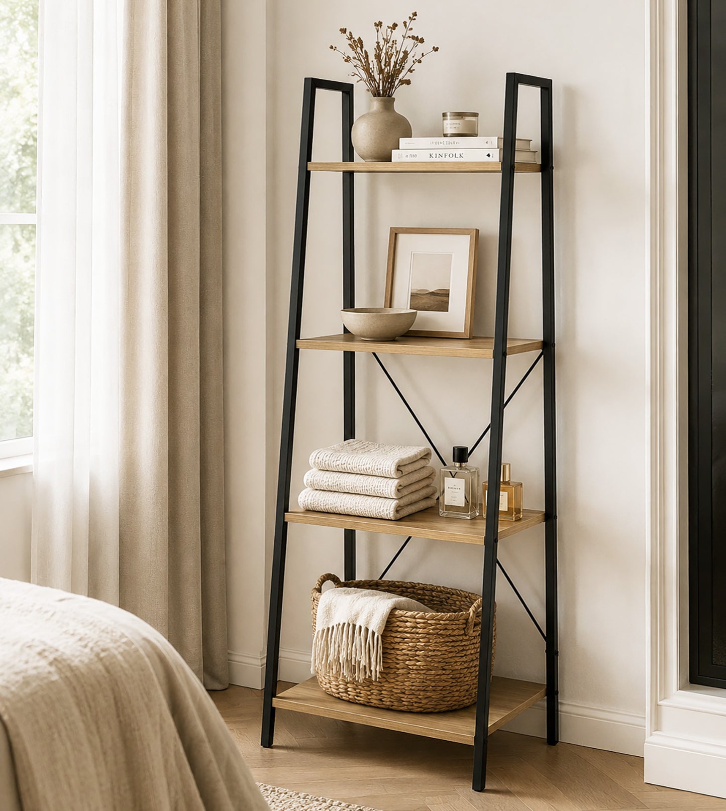 Elevate Rustic Oak 4-Tier Ladder Shelf Wood & Metal Bookcase Storage Organizer