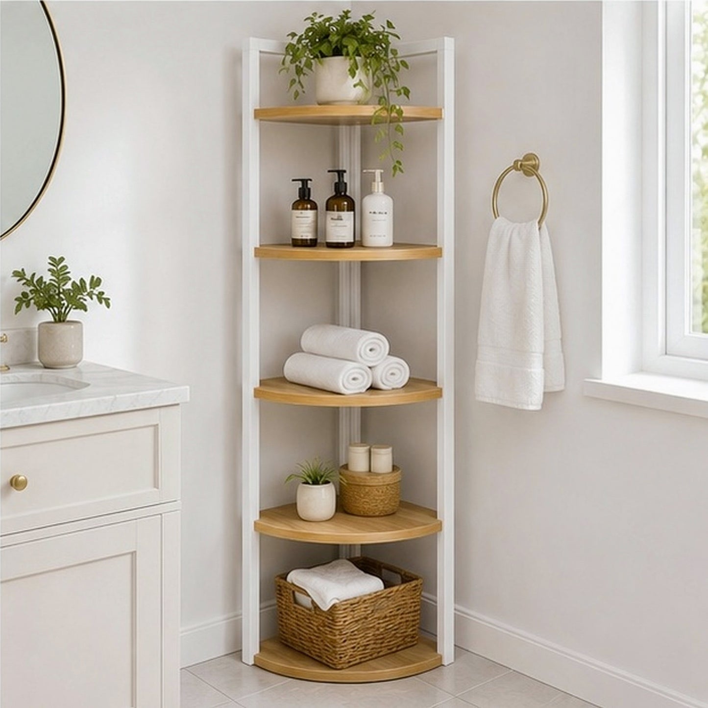 Optima 5 Tier Wood & Steel Corner Shelf Organizer Unit (Rustic Oak & White)