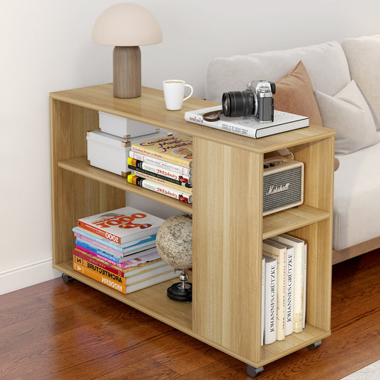 Large Versatile Sofa Side Table & Magazine Shelf with Casters (Oak)