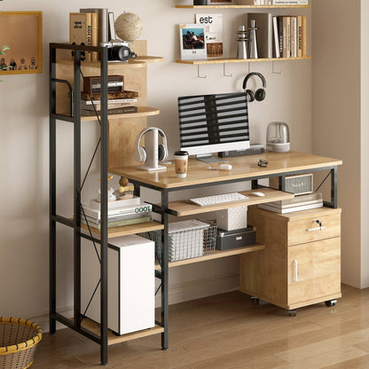Prime Multi-function Computer Desk Workstation with Shelves & Cabinet (Coastal Oak)