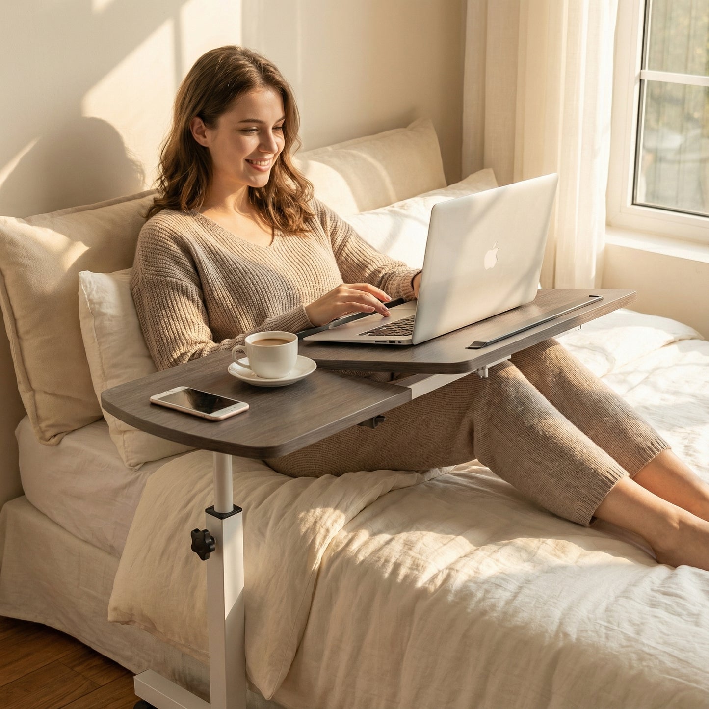 Motif 2-in-1 Adjustable Portable Sofa Bed Side Table Laptop Desk with Wheels (Rustic Grey)