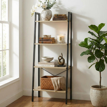 Elevate Rustic Oak 4-Tier Ladder Shelf Wood & Metal Bookcase Storage Organizer