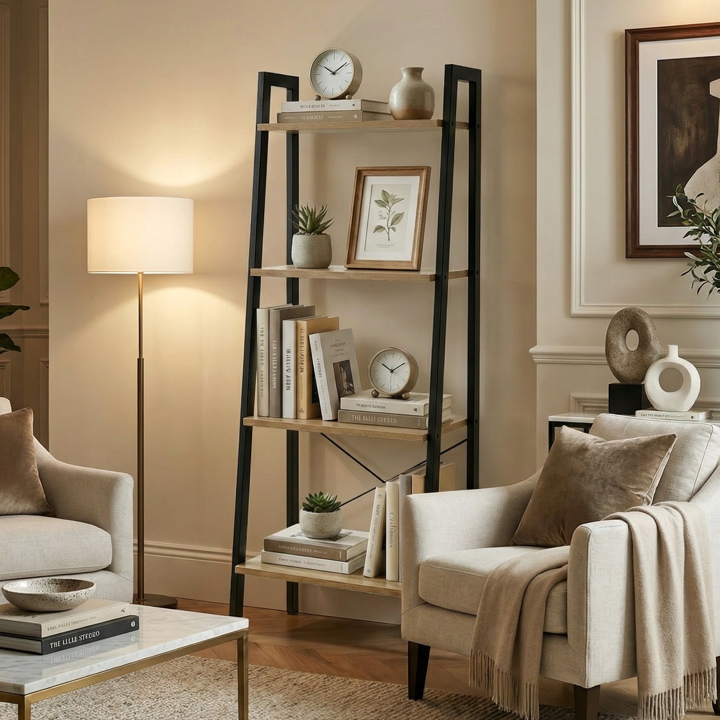 Elevate Rustic Oak 4-Tier Ladder Shelf Wood & Metal Bookcase Storage Organizer