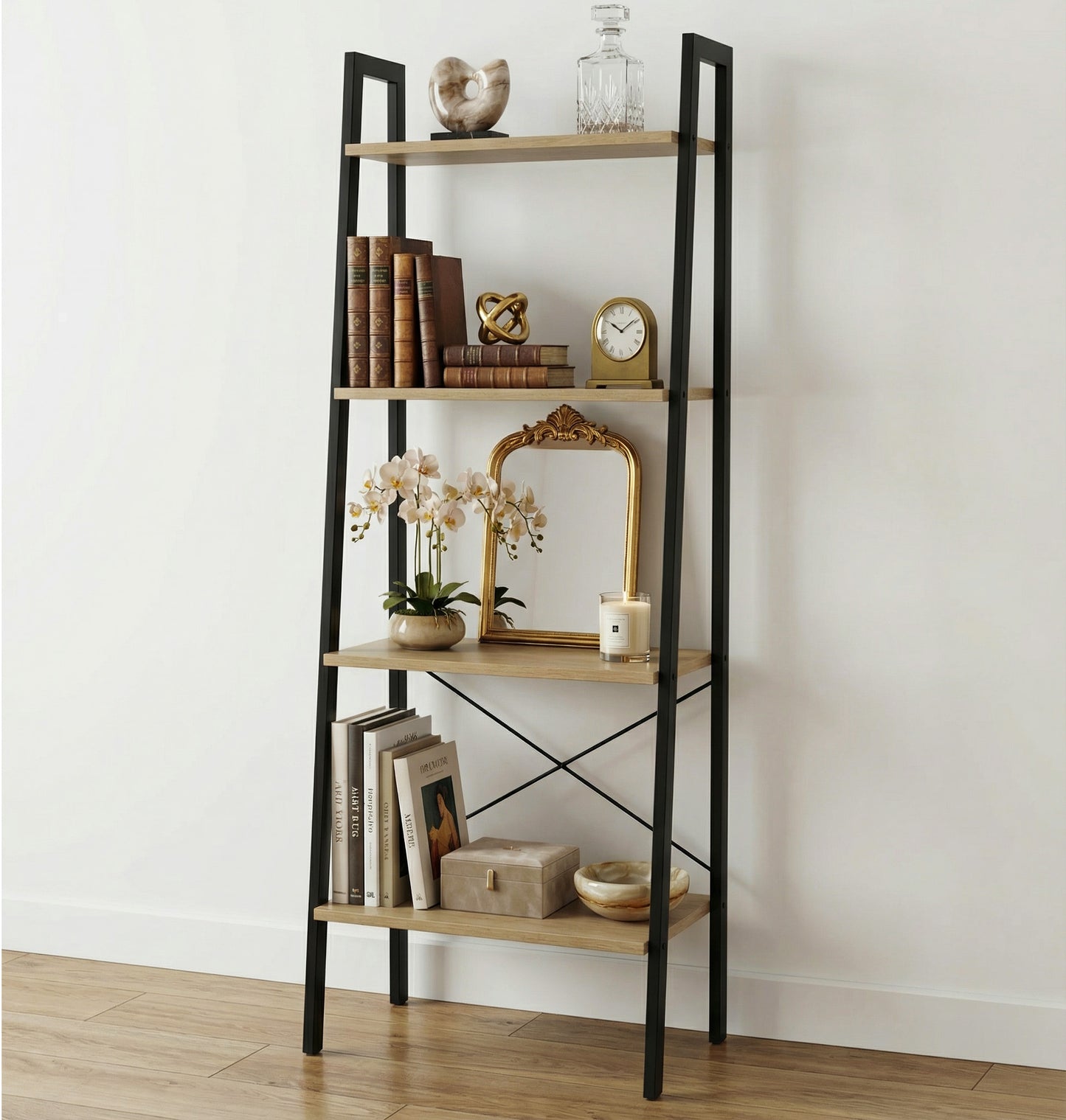 Elevate Rustic Oak 4-Tier Ladder Shelf Wood & Metal Bookcase Storage Organizer
