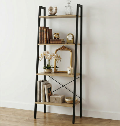 Elevate Rustic Oak 4-Tier Ladder Shelf Wood & Metal Bookcase Storage Organizer